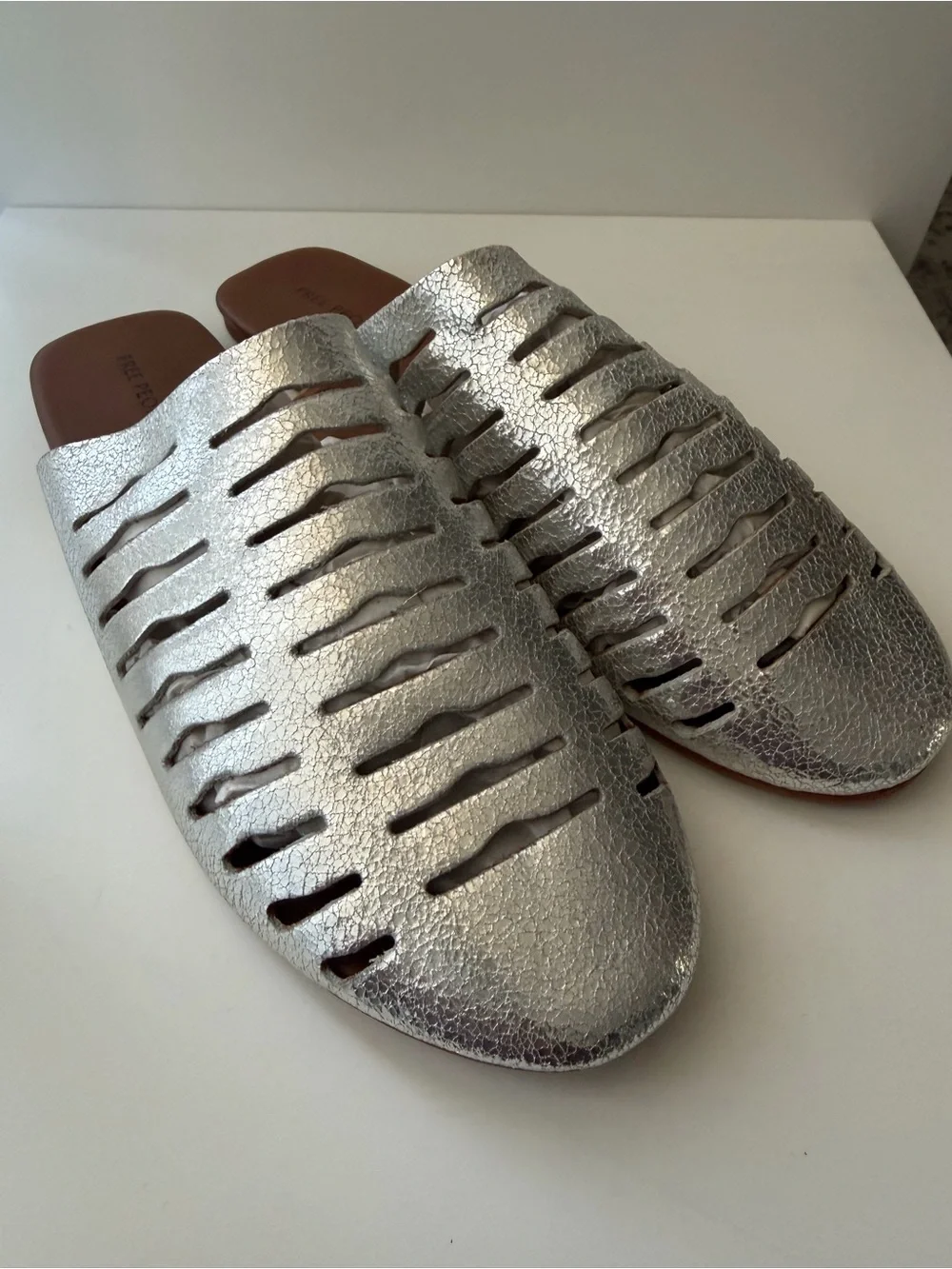 Free People Slice of Sun Silver Leather Cutout Mule Flats - Size 7.5 NWT